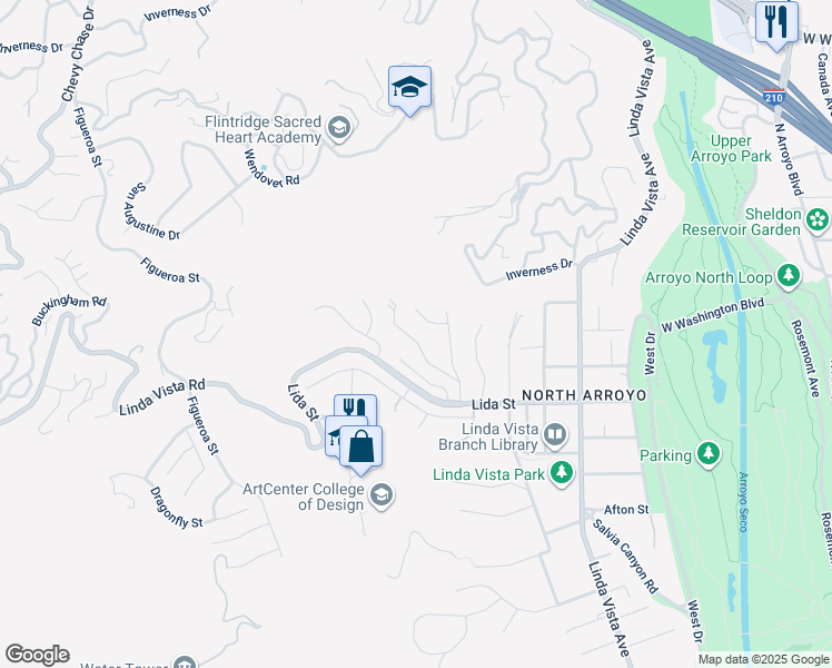 map of restaurants, bars, coffee shops, grocery stores, and more near 1550 Scenic Drive in Pasadena