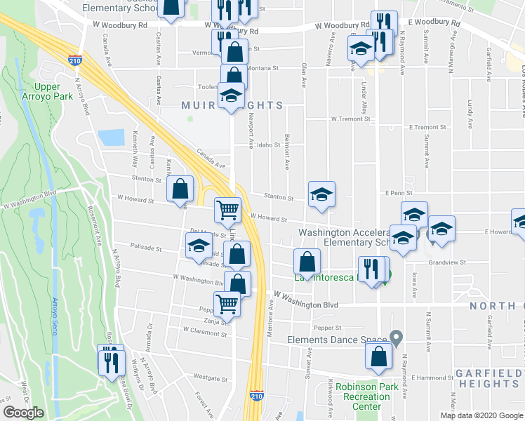 map of restaurants, bars, coffee shops, grocery stores, and more near 343 West Howard Street in Pasadena