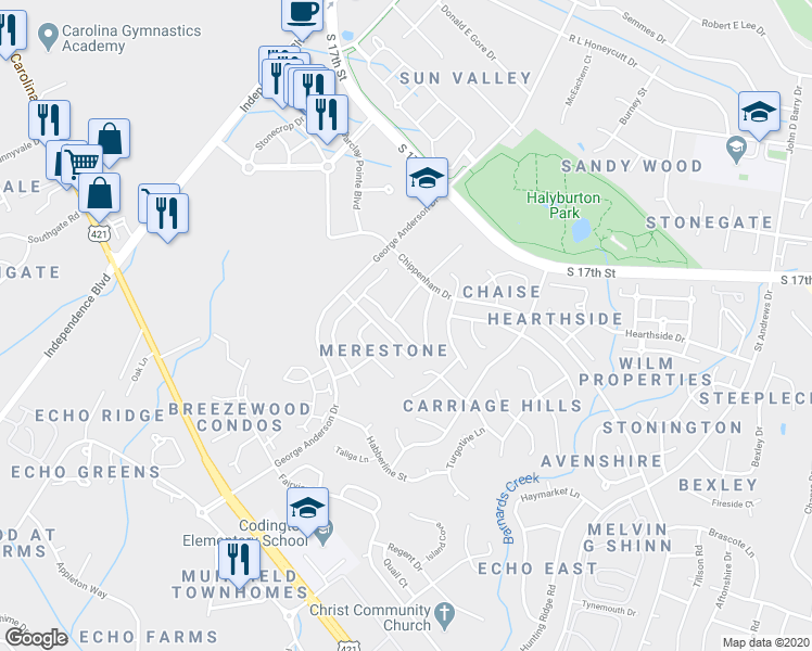 map of restaurants, bars, coffee shops, grocery stores, and more near 3683 Merestone Drive in Wilmington
