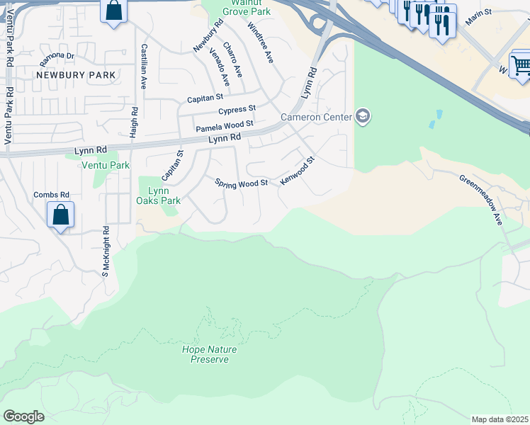 map of restaurants, bars, coffee shops, grocery stores, and more near 354 Larch Crest Court in Thousand Oaks