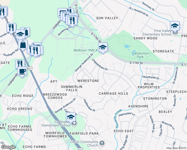 map of restaurants, bars, coffee shops, grocery stores, and more near 3683 Merestone Drive in Wilmington