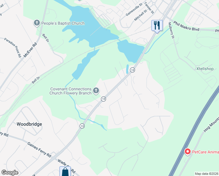 map of restaurants, bars, coffee shops, grocery stores, and more near 5766 Atlanta Highway in Flowery Branch