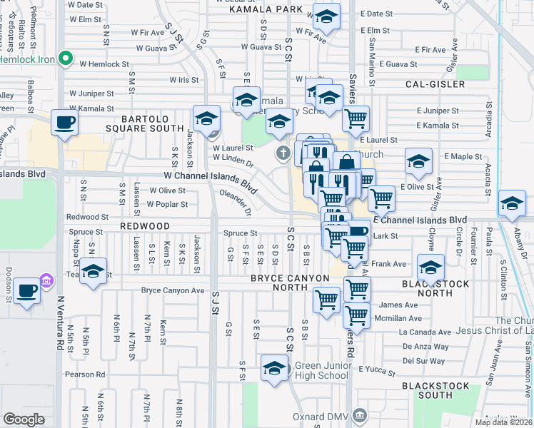 map of restaurants, bars, coffee shops, grocery stores, and more near 451 Redwood Street in Oxnard