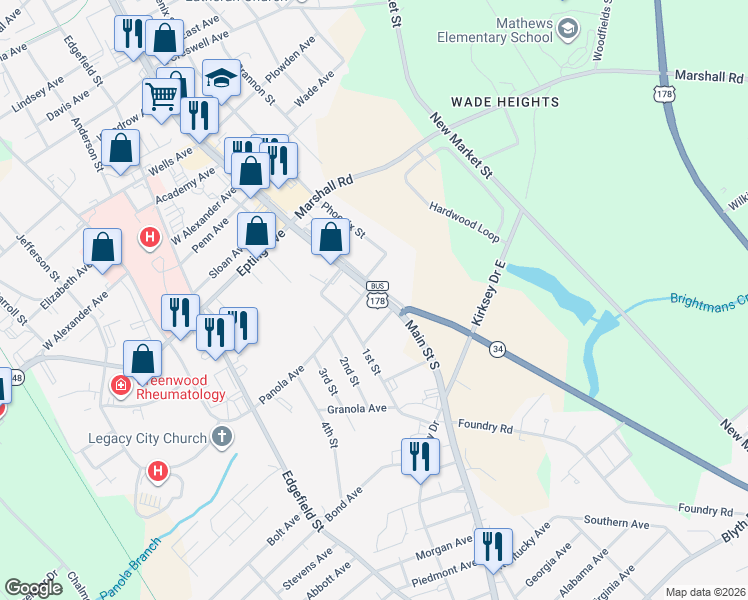 map of restaurants, bars, coffee shops, grocery stores, and more near 1502 U.S. 178 Business in Greenwood