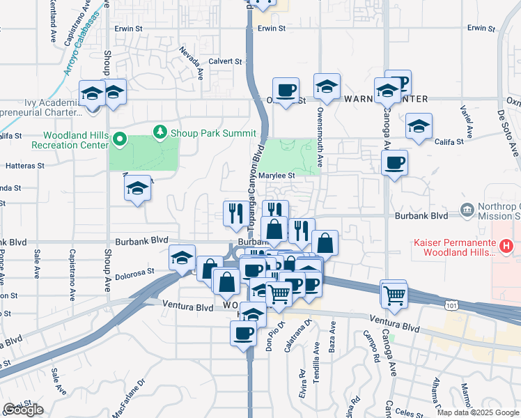map of restaurants, bars, coffee shops, grocery stores, and more near 21931 Burbank Boulevard in Los Angeles