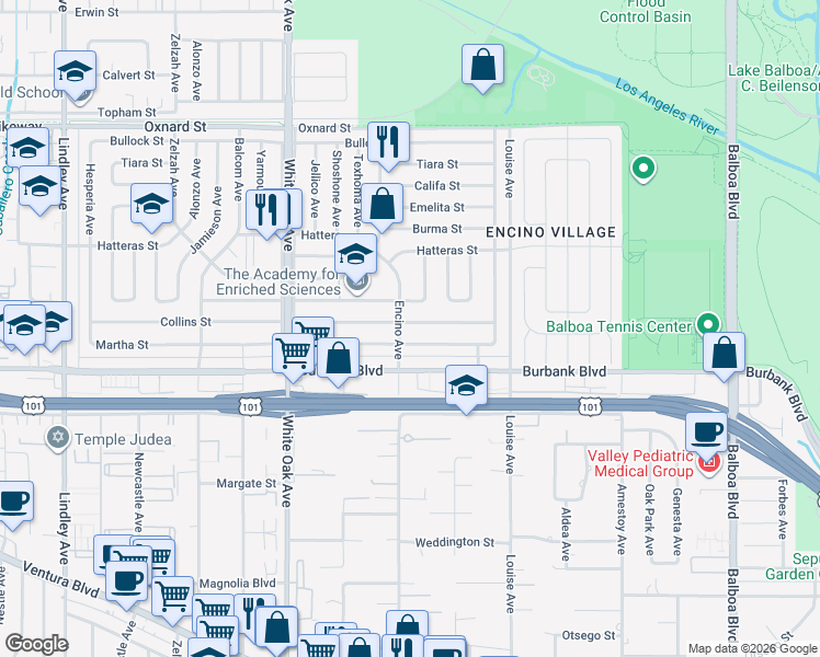 map of restaurants, bars, coffee shops, grocery stores, and more near 17448 Collins Street in Los Angeles