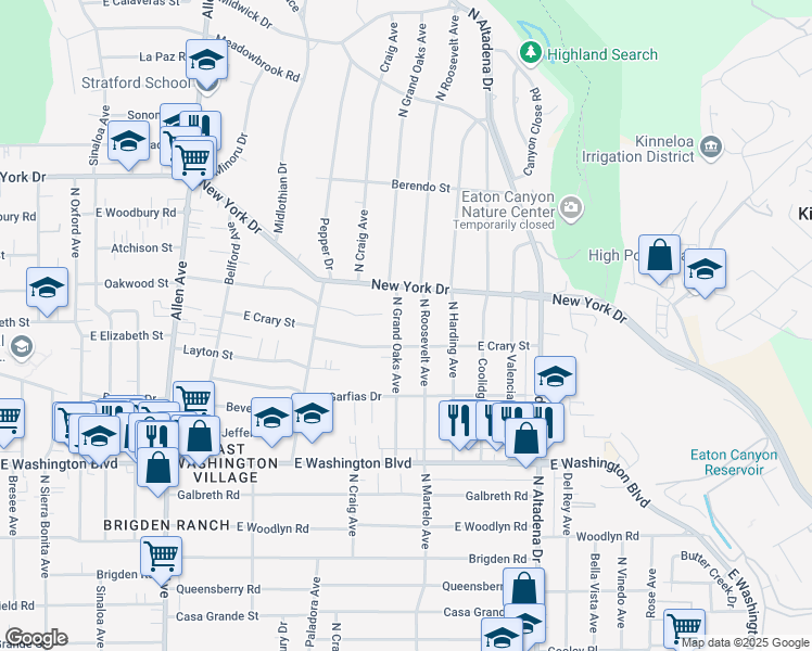 map of restaurants, bars, coffee shops, grocery stores, and more near 1596 North Harding Avenue in Pasadena