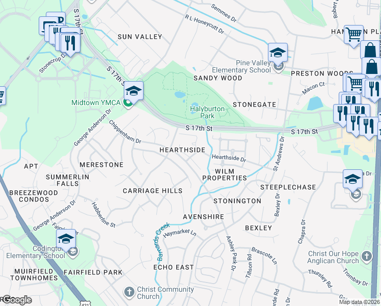 map of restaurants, bars, coffee shops, grocery stores, and more near 3902 East Scots Place in Wilmington