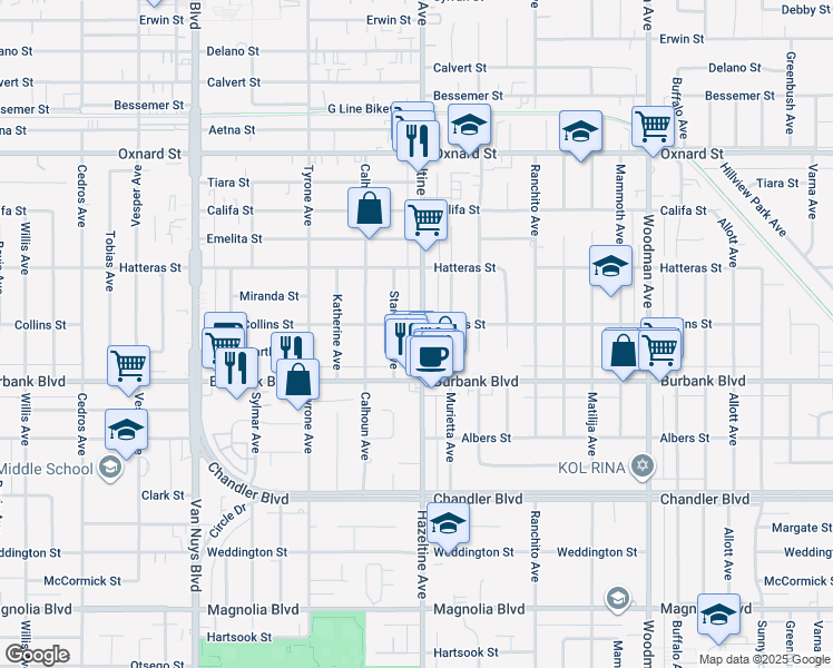 map of restaurants, bars, coffee shops, grocery stores, and more near 5624 Hazeltine Avenue in Los Angeles