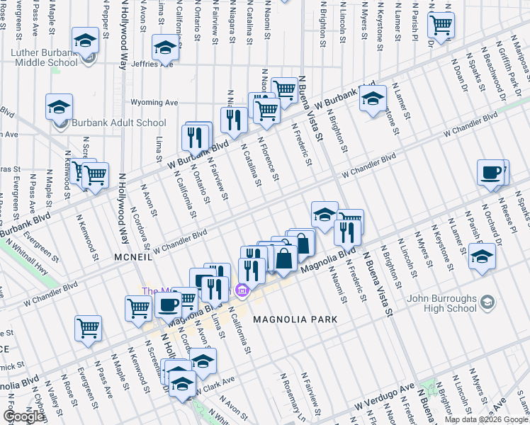 map of restaurants, bars, coffee shops, grocery stores, and more near 2904 West Chandler Boulevard in Burbank
