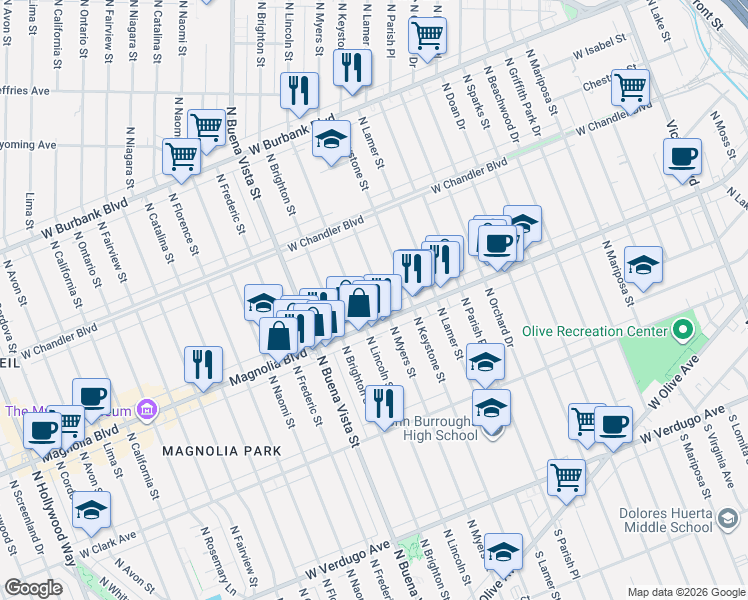 map of restaurants, bars, coffee shops, grocery stores, and more near 721 North Myers Street in Burbank