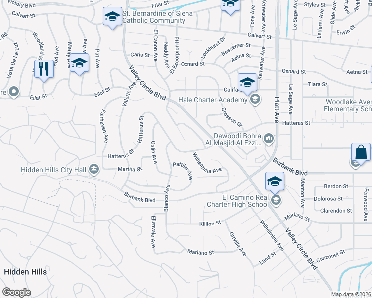 map of restaurants, bars, coffee shops, grocery stores, and more near 5556 Pattilar Avenue in Los Angeles
