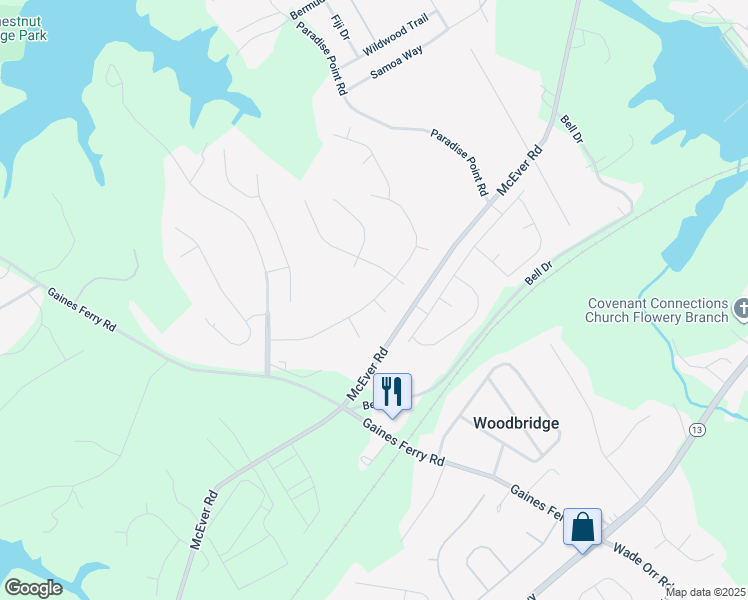 map of restaurants, bars, coffee shops, grocery stores, and more near 6301 Spring Lake Drive in Flowery Branch