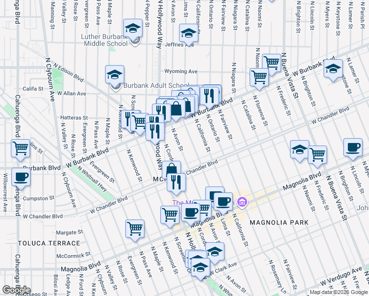 map of restaurants, bars, coffee shops, grocery stores, and more near 1220 North Avon Street in Burbank