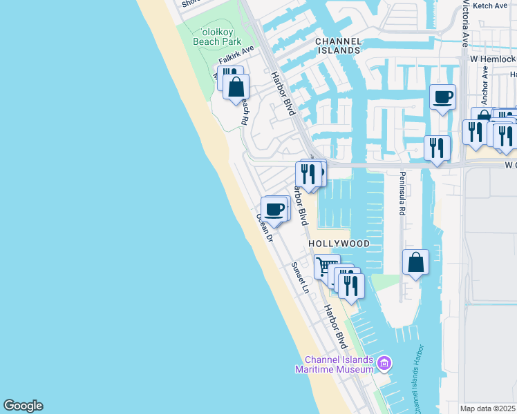 map of restaurants, bars, coffee shops, grocery stores, and more near 4064 Ocean Drive in Oxnard