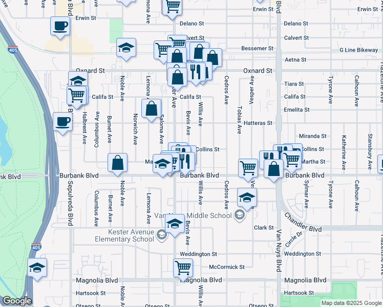 map of restaurants, bars, coffee shops, grocery stores, and more near 5652 Bevis Avenue in Los Angeles