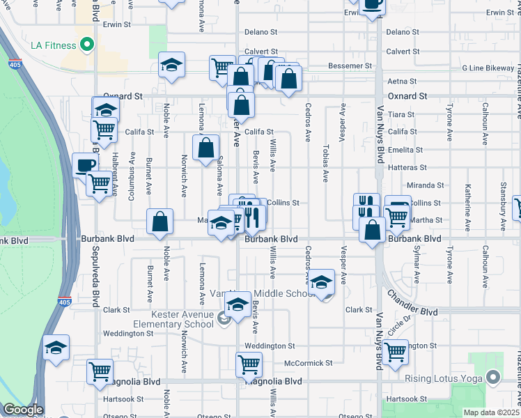 map of restaurants, bars, coffee shops, grocery stores, and more near 5652 Bevis Avenue in Los Angeles