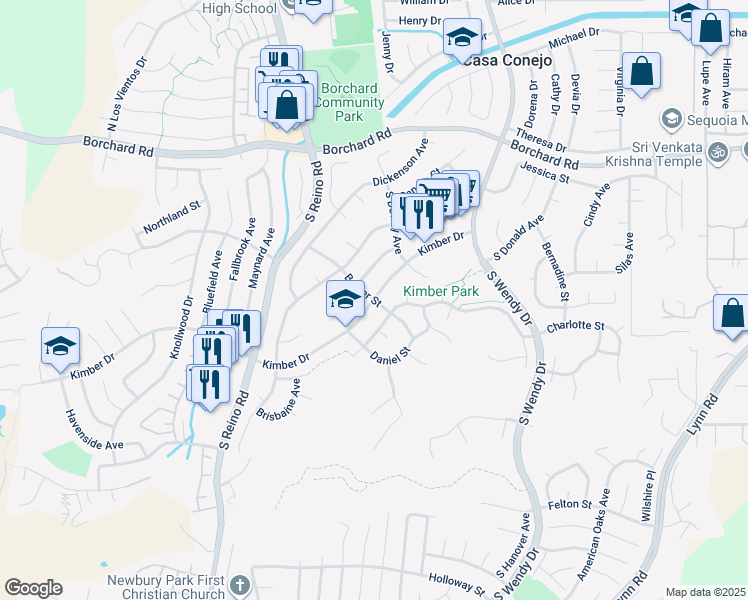 map of restaurants, bars, coffee shops, grocery stores, and more near 3501 West Kimber Drive in Thousand Oaks