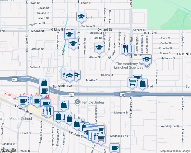 map of restaurants, bars, coffee shops, grocery stores, and more near 17958 Martha Street in Los Angeles