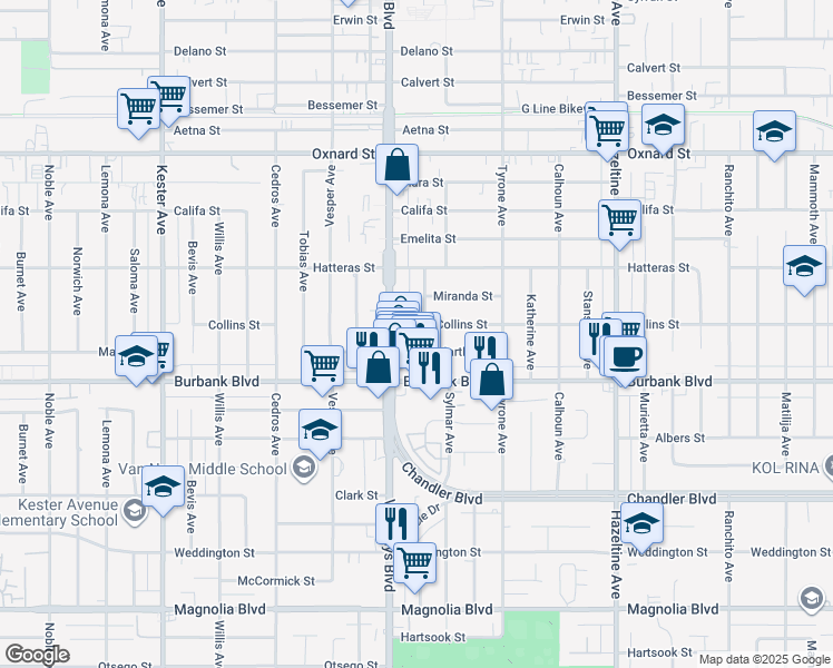 map of restaurants, bars, coffee shops, grocery stores, and more near 1/2 Van Nuys Boulevard in Los Angeles