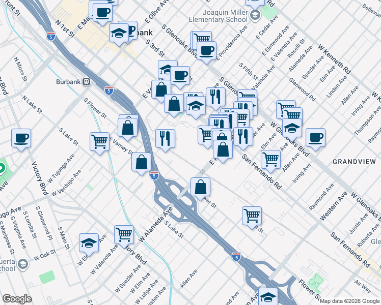 map of restaurants, bars, coffee shops, grocery stores, and more near 600 South Ikea Way in Burbank