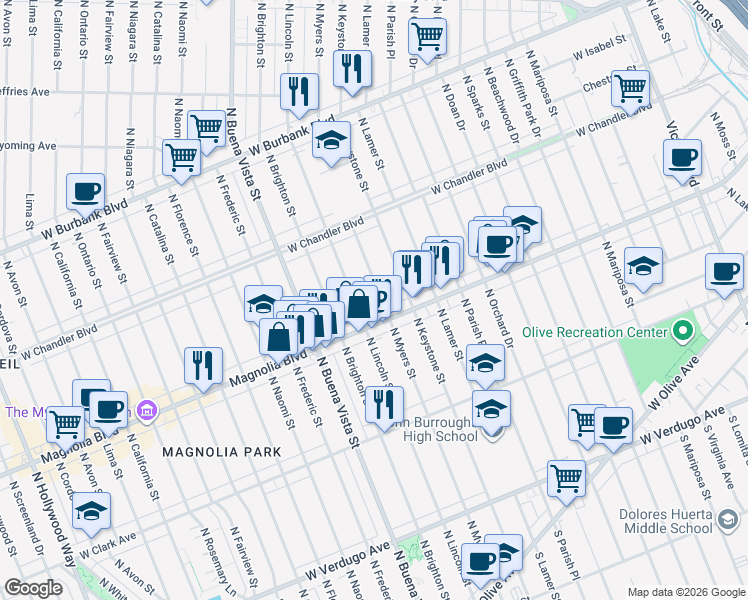 map of restaurants, bars, coffee shops, grocery stores, and more near 721 North Myers Street in Burbank