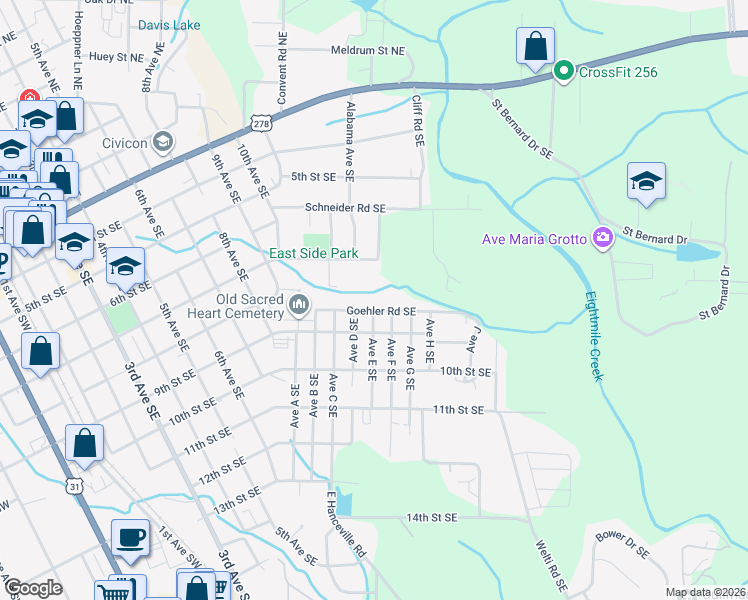 map of restaurants, bars, coffee shops, grocery stores, and more near 804 Avenue East Southeast in Cullman