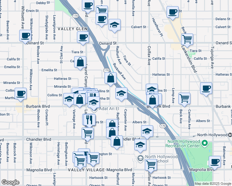 map of restaurants, bars, coffee shops, grocery stores, and more near 5626 Radford Avenue in Los Angeles