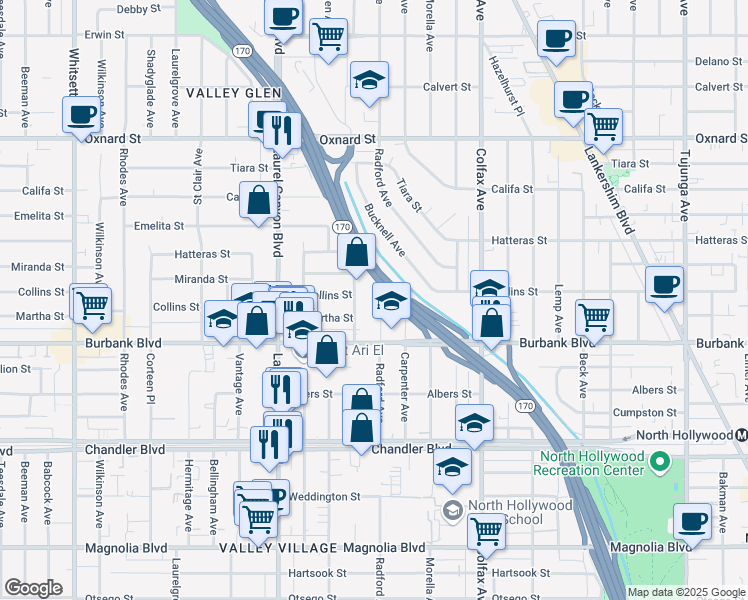 map of restaurants, bars, coffee shops, grocery stores, and more near 5651 Radford Avenue in Los Angeles