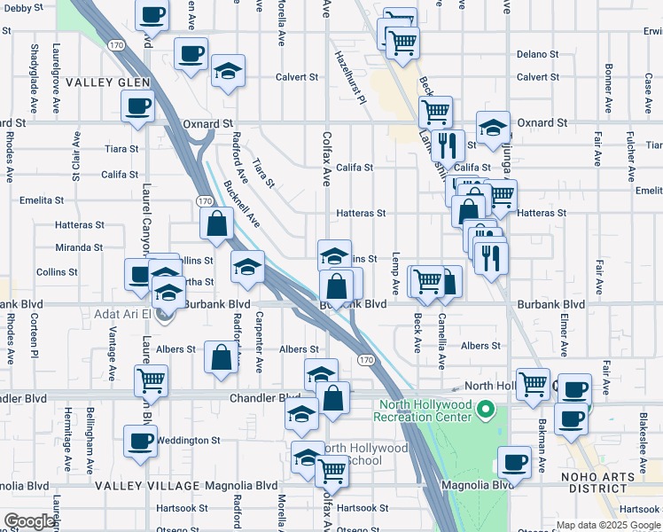 map of restaurants, bars, coffee shops, grocery stores, and more near 5652 Colfax Avenue in Los Angeles