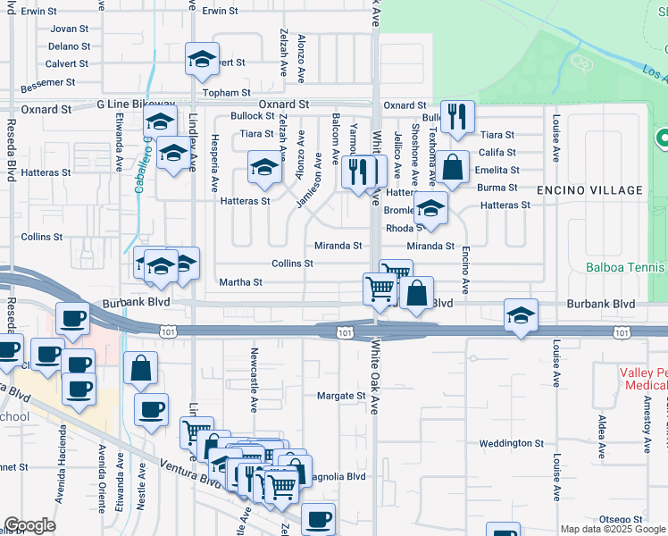 map of restaurants, bars, coffee shops, grocery stores, and more near 17804 Collins Street in Los Angeles