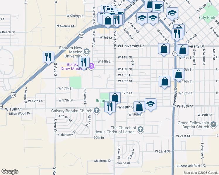 map of restaurants, bars, coffee shops, grocery stores, and more near 925 West 16th Lane in Portales