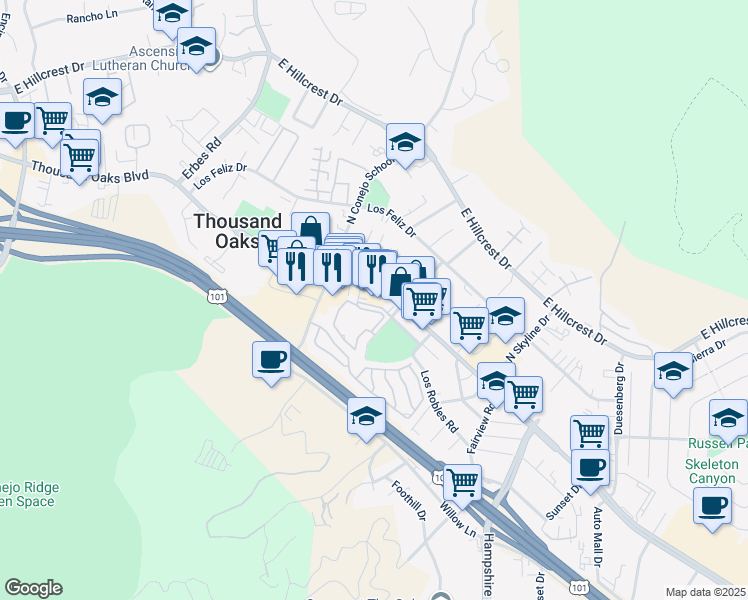 map of restaurants, bars, coffee shops, grocery stores, and more near 2410 East Thousand Oaks Boulevard in Thousand Oaks