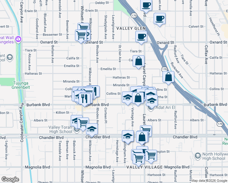 map of restaurants, bars, coffee shops, grocery stores, and more near 12259 Collins Street in Los Angeles