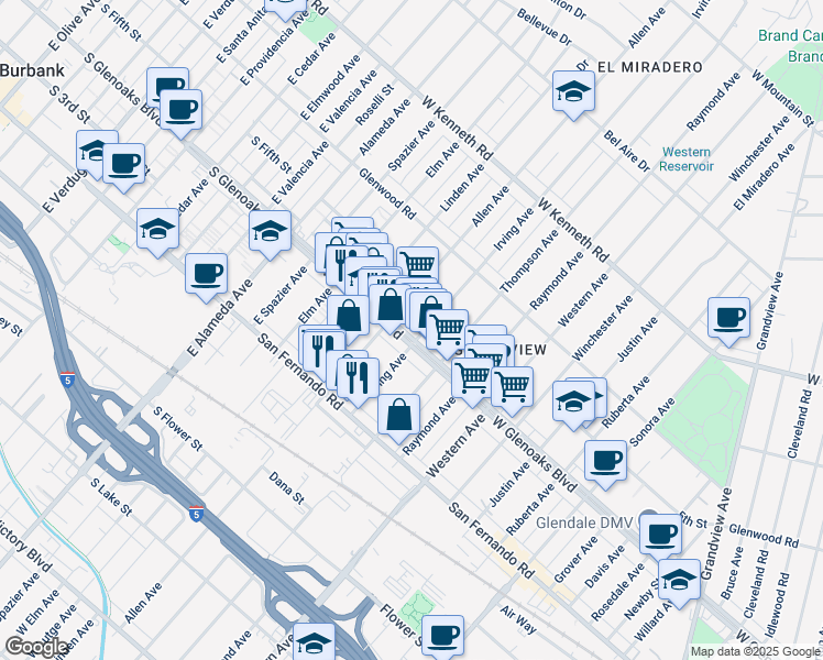 map of restaurants, bars, coffee shops, grocery stores, and more near 1830 West Glenoaks Boulevard in Glendale