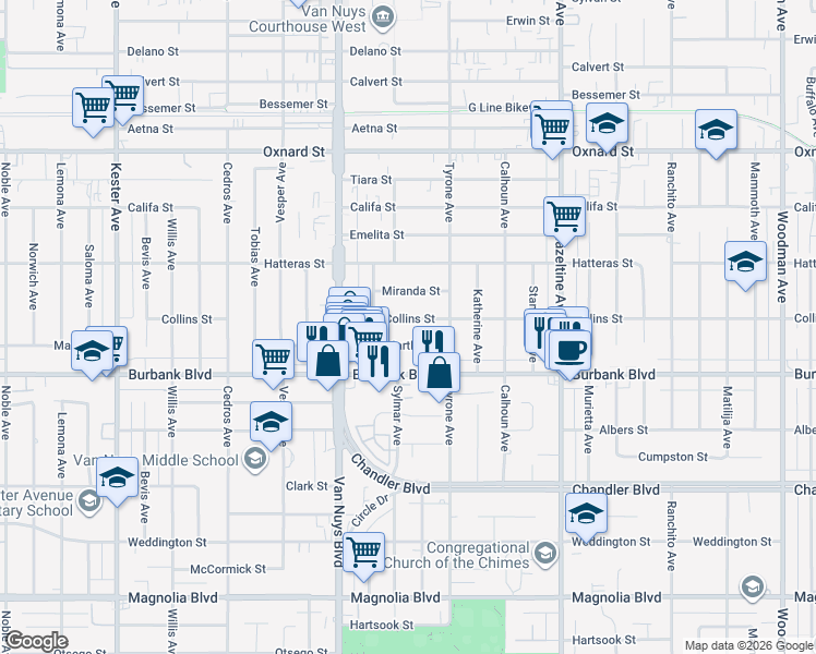 map of restaurants, bars, coffee shops, grocery stores, and more near 14348 Collins Street in Los Angeles