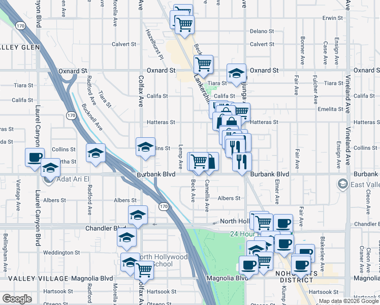 map of restaurants, bars, coffee shops, grocery stores, and more near 5624 Beck Avenue in Los Angeles