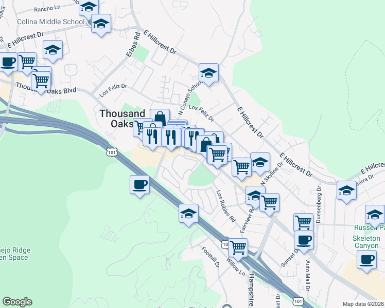 map of restaurants, bars, coffee shops, grocery stores, and more near 2456B Pleasant Way in Thousand Oaks