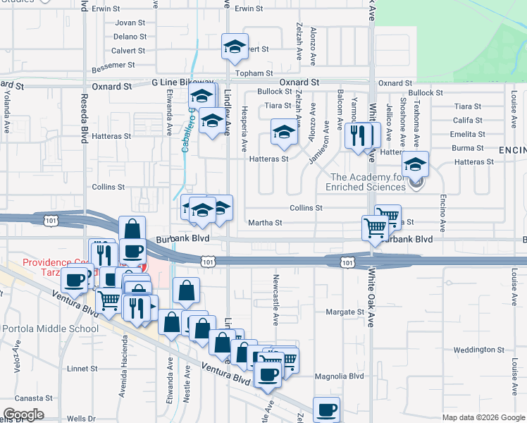 map of restaurants, bars, coffee shops, grocery stores, and more near 18020 Collins Street in Los Angeles