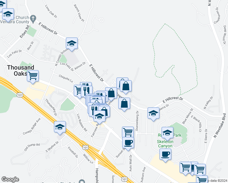 map of restaurants, bars, coffee shops, grocery stores, and more near 2820 East Hillcrest Drive in Thousand Oaks