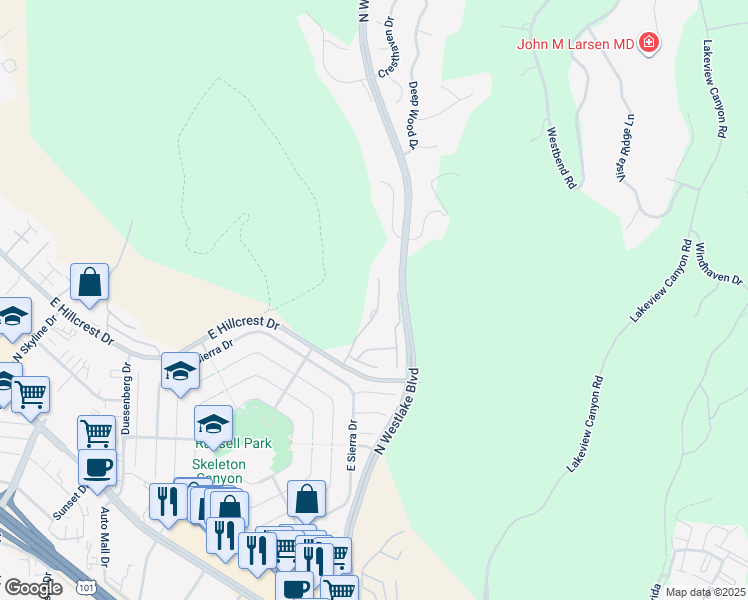map of restaurants, bars, coffee shops, grocery stores, and more near 753 North Valley Drive in Westlake Village