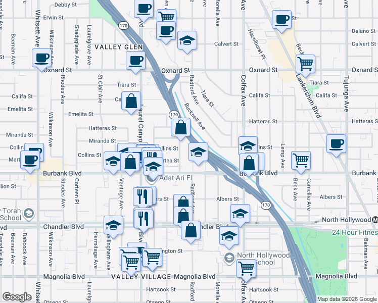 map of restaurants, bars, coffee shops, grocery stores, and more near 5651 Radford Avenue in Los Angeles