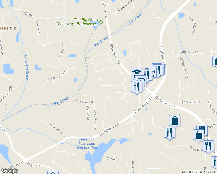 map of restaurants, bars, coffee shops, grocery stores, and more near 5855 Falls Landing Drive in Cumming