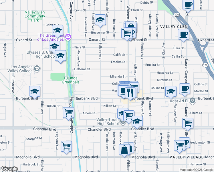 map of restaurants, bars, coffee shops, grocery stores, and more near 12630 Martha Street in Los Angeles