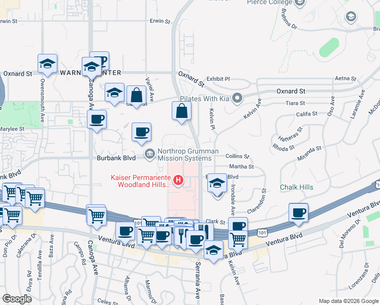 map of restaurants, bars, coffee shops, grocery stores, and more near 20931 Burbank Boulevard in Los Angeles
