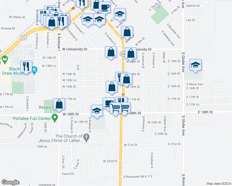 map of restaurants, bars, coffee shops, grocery stores, and more near 522 West 16th Lane in Portales