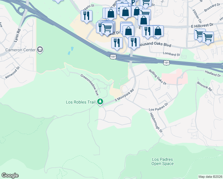 map of restaurants, bars, coffee shops, grocery stores, and more near 224 Green Lea Place in Thousand Oaks