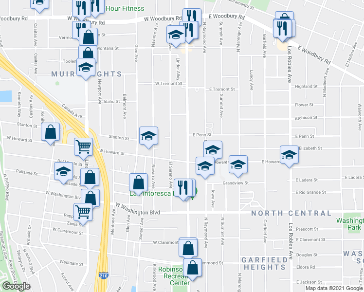 map of restaurants, bars, coffee shops, grocery stores, and more near 1564 North Fair Oaks Avenue in Pasadena