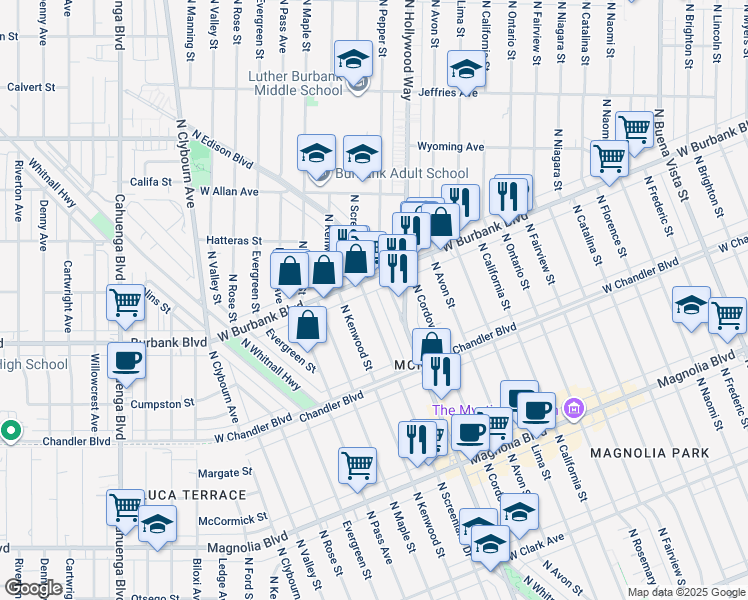 map of restaurants, bars, coffee shops, grocery stores, and more near 1307 North Hollywood Way in Burbank