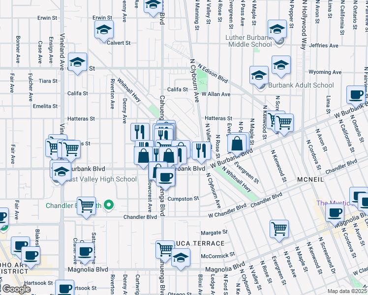 map of restaurants, bars, coffee shops, grocery stores, and more near 5622 Strohm Avenue in Los Angeles